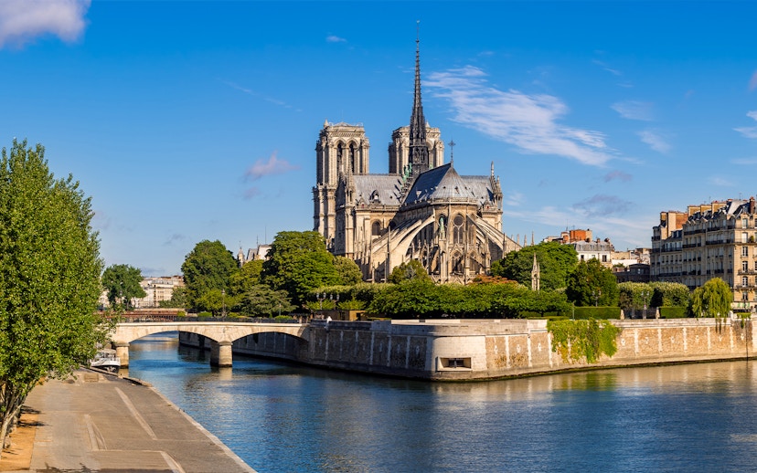 Notre-Dame Cathedral on Ile de la Cite, Paris, viewed from the Seine River.