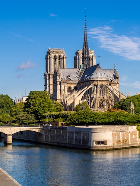 Notre-Dame Cathedral on Ile de la Cite, Paris, viewed from the Seine River.