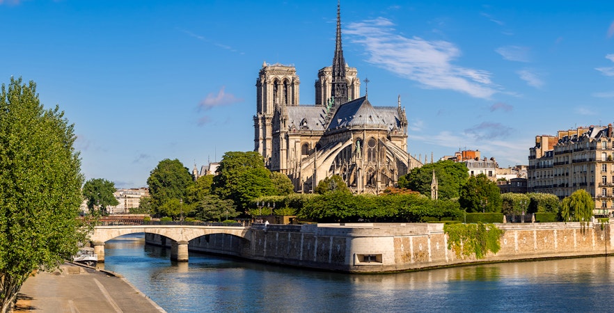 Notre-Dame Cathedral on Ile de la Cite, Paris, viewed from the Seine River.