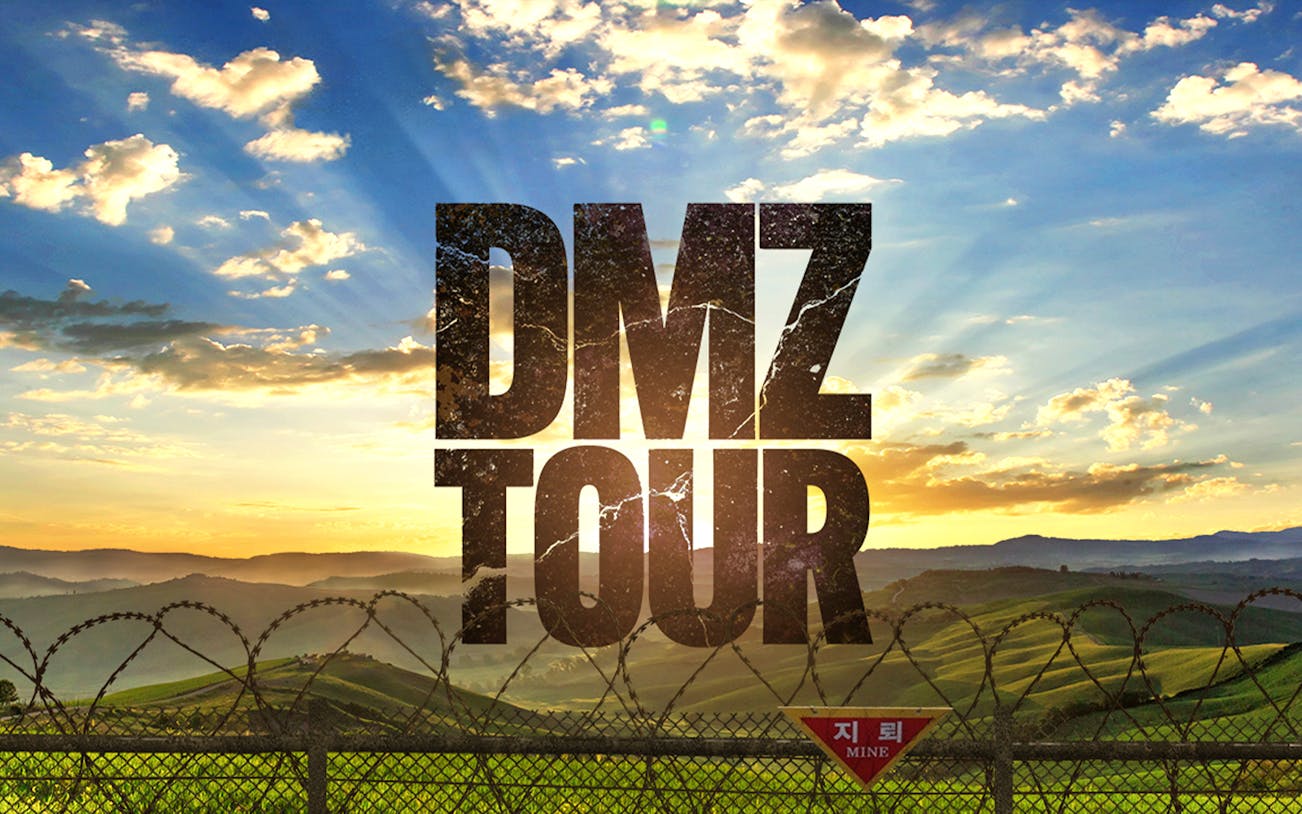 DMZ Tour text over barbed wire fence and scenic landscape at sunrise.