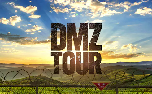 DMZ Tour text over barbed wire fence and scenic landscape at sunrise.