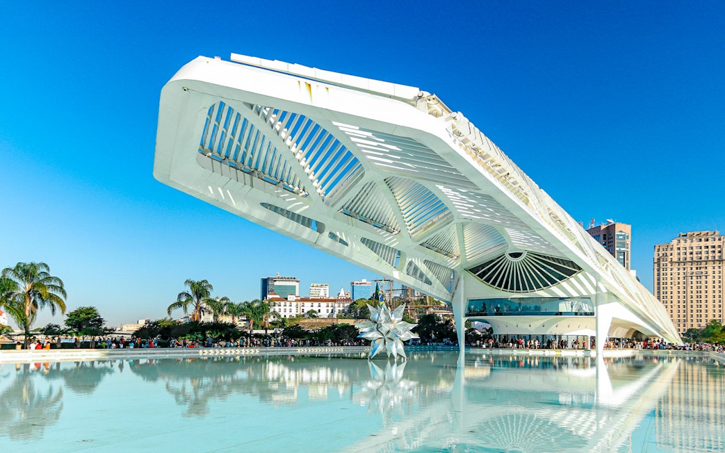 Futuristic structure over pool at Museum of Tomorrow, Rio de Janeiro, Brazil.