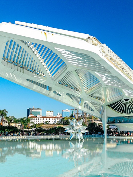 Futuristic structure over pool at Museum of Tomorrow, Rio de Janeiro, Brazil.