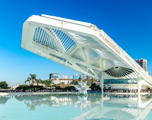 Futuristic structure over pool at Museum of Tomorrow, Rio de Janeiro, Brazil.