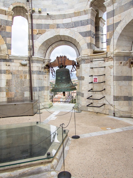 Leaning Tower of Pisa bell chamber with city view, part of Florence and Pisa tour.