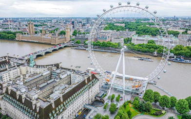 London Eye overlooking the Thames and Westminster in London cityscape.
