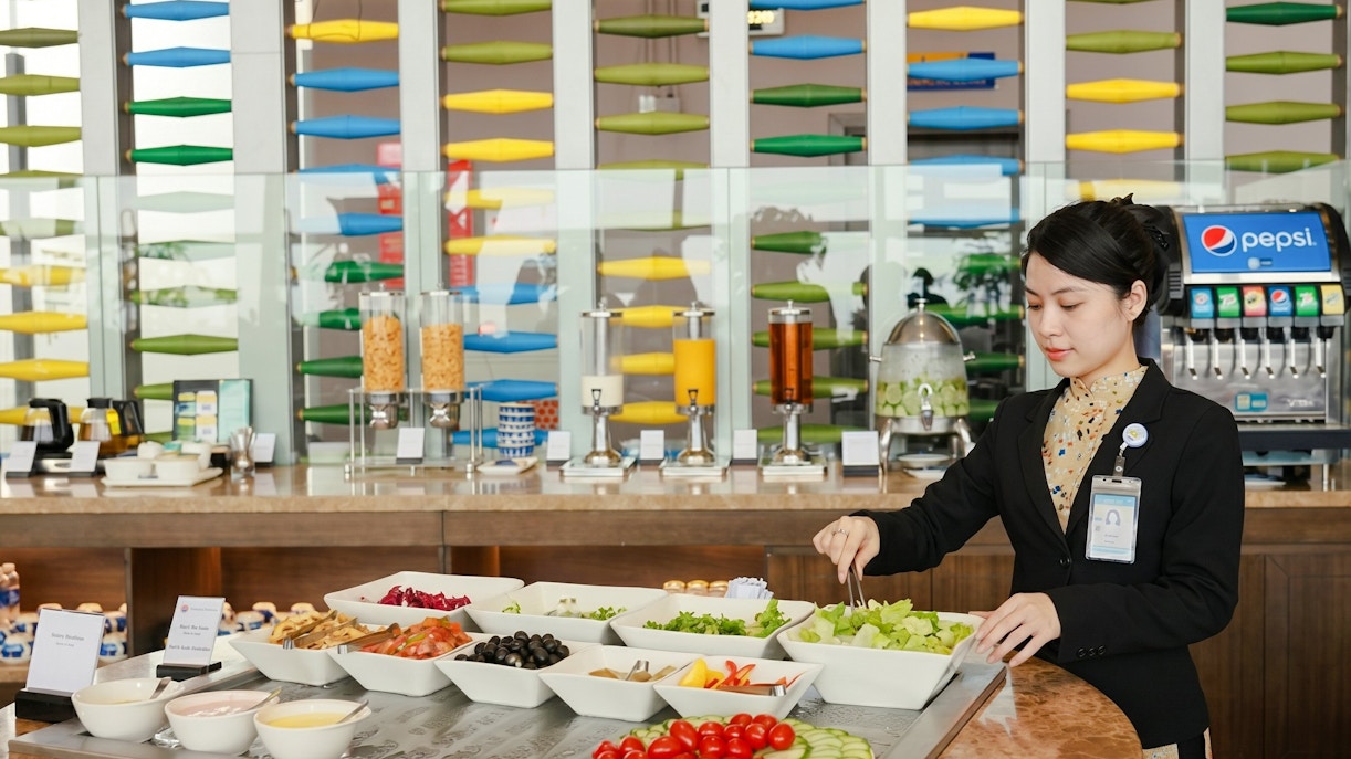 Buffet selection at SH Premium Lounge, Noi Bai International Airport, Hanoi, with staff serving salad.