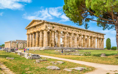 Ancient Greek temple ruins at Paestum Archaeological Site, Salerno, Campania, Italy.