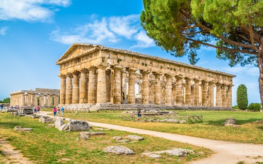 Ancient Greek temple ruins at Paestum Archaeological Site, Salerno, Campania, Italy.