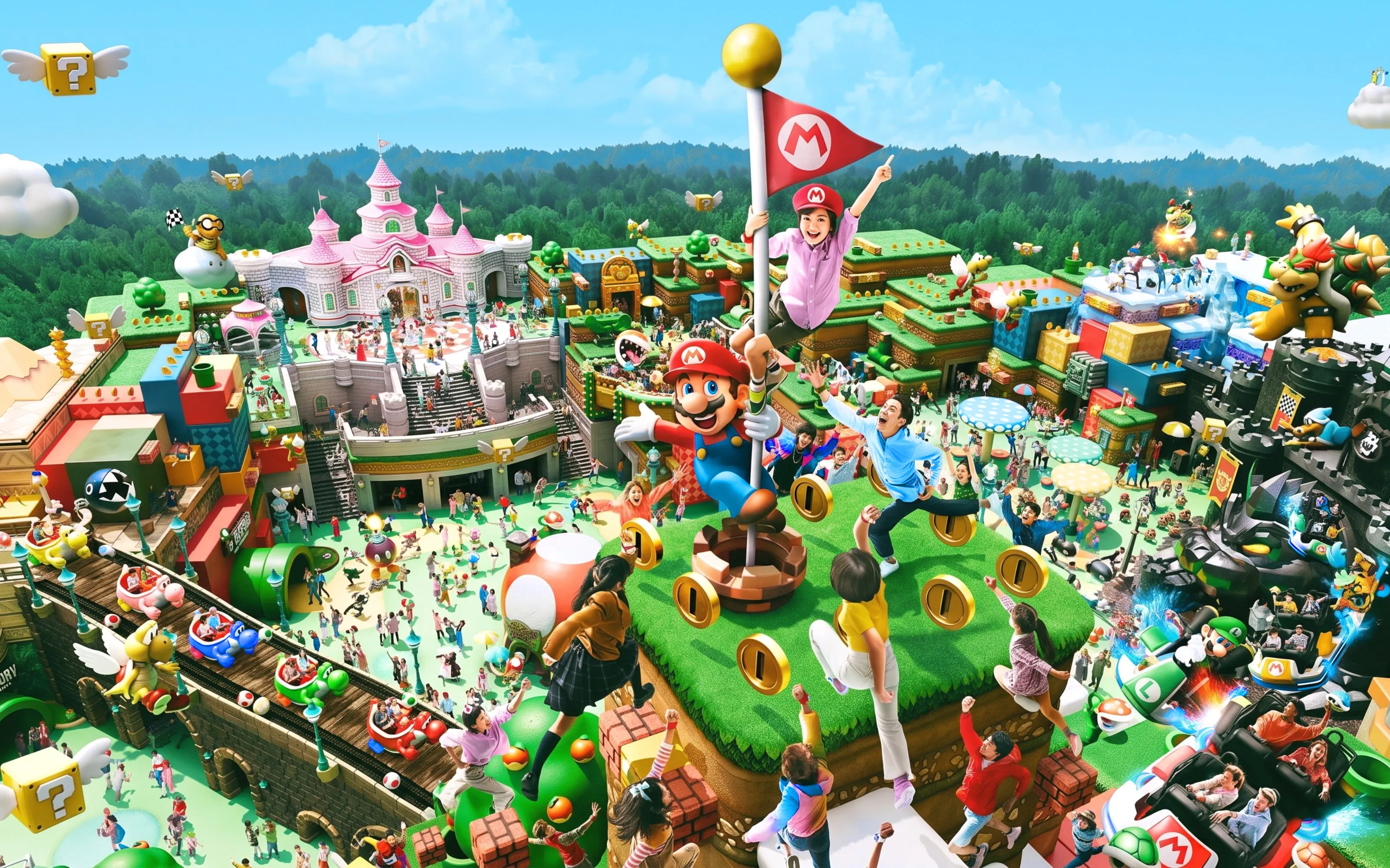 Super Nintendo World at Universal Studios Japan with Mario-themed attractions and excited visitors.