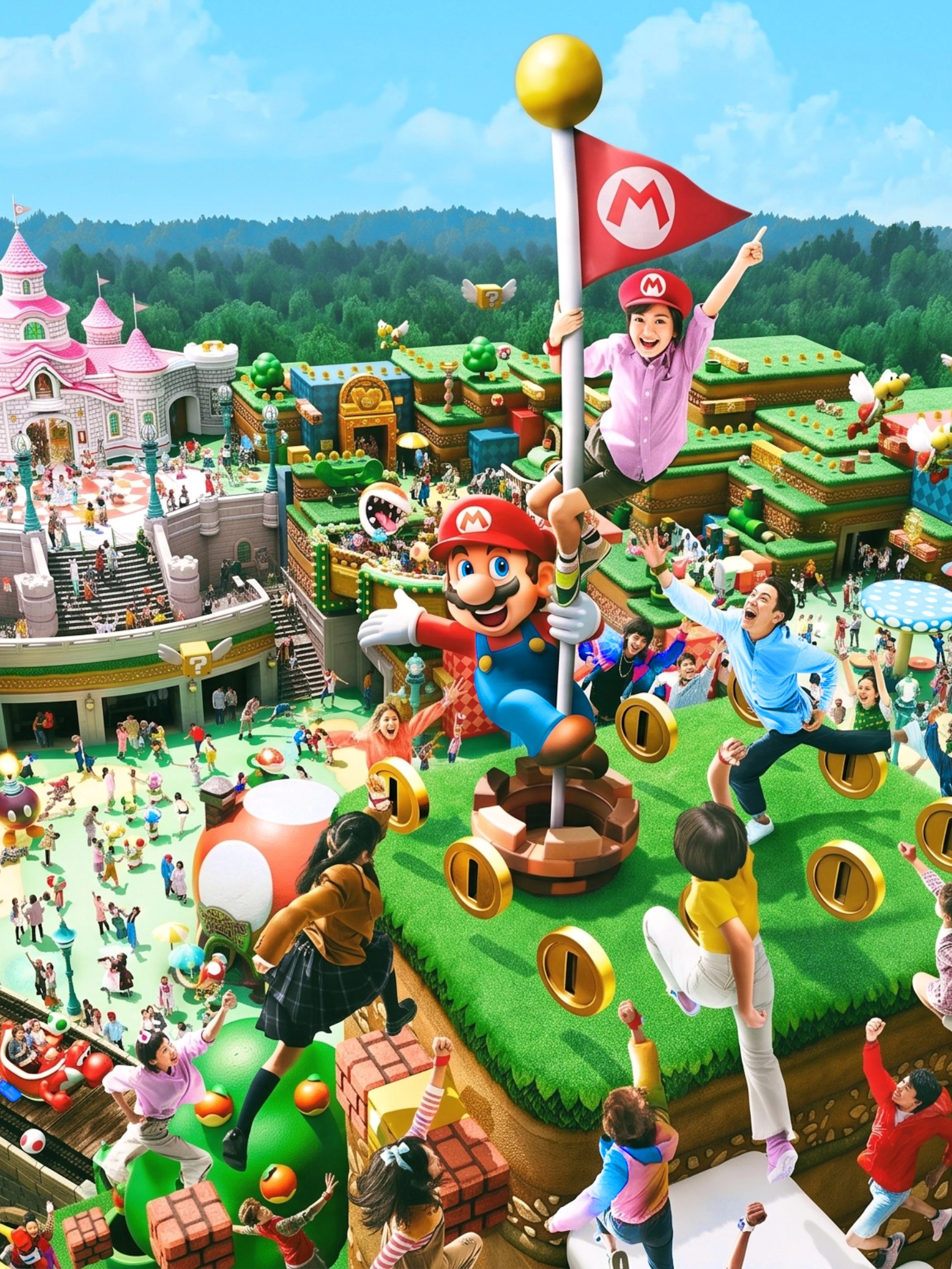 Super Nintendo World at Universal Studios Japan with Mario-themed attractions and excited visitors.