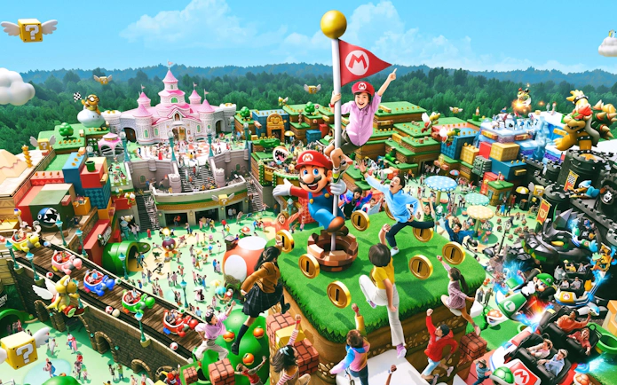 Super Nintendo World at Universal Studios Japan with Mario-themed attractions and excited visitors.