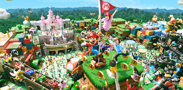 Super Nintendo World at Universal Studios Japan with Mario-themed attractions and excited visitors.