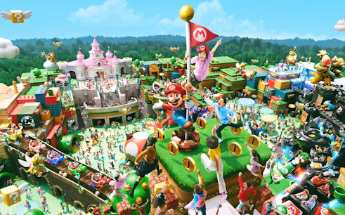 Super Nintendo World at Universal Studios Japan with Mario-themed attractions and excited visitors.