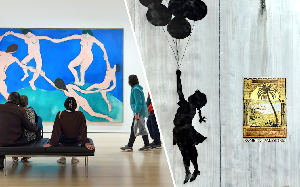 Visitors viewing art at MoMA and Banksy Museum, New York City.