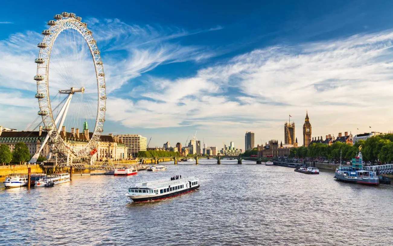 London Eye and Thames River view during Christmas Lights Afternoon Tea Bus Tour.