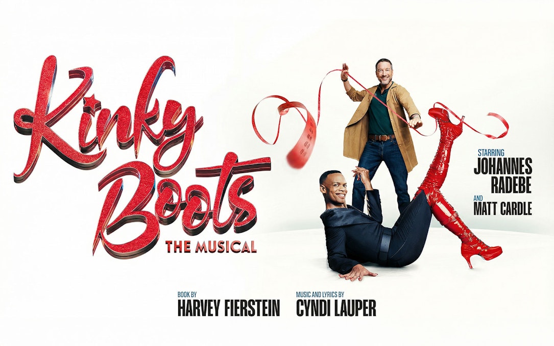 Kinky Boots West End show poster featuring performers with red boots and ribbon.