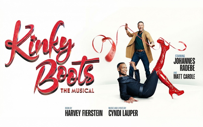 Kinky Boots West End show poster featuring performers with red boots and ribbon.