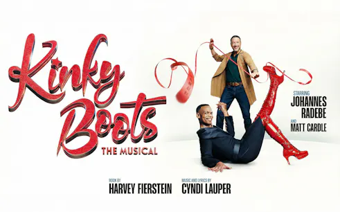 Kinky Boots West End show poster featuring performers with red boots and ribbon.