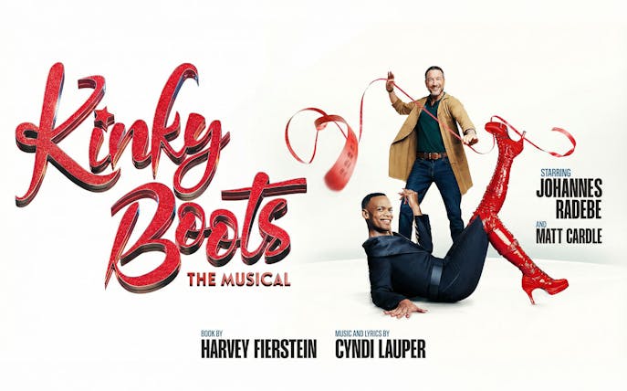 Kinky Boots West End show poster featuring performers with red boots and ribbon.