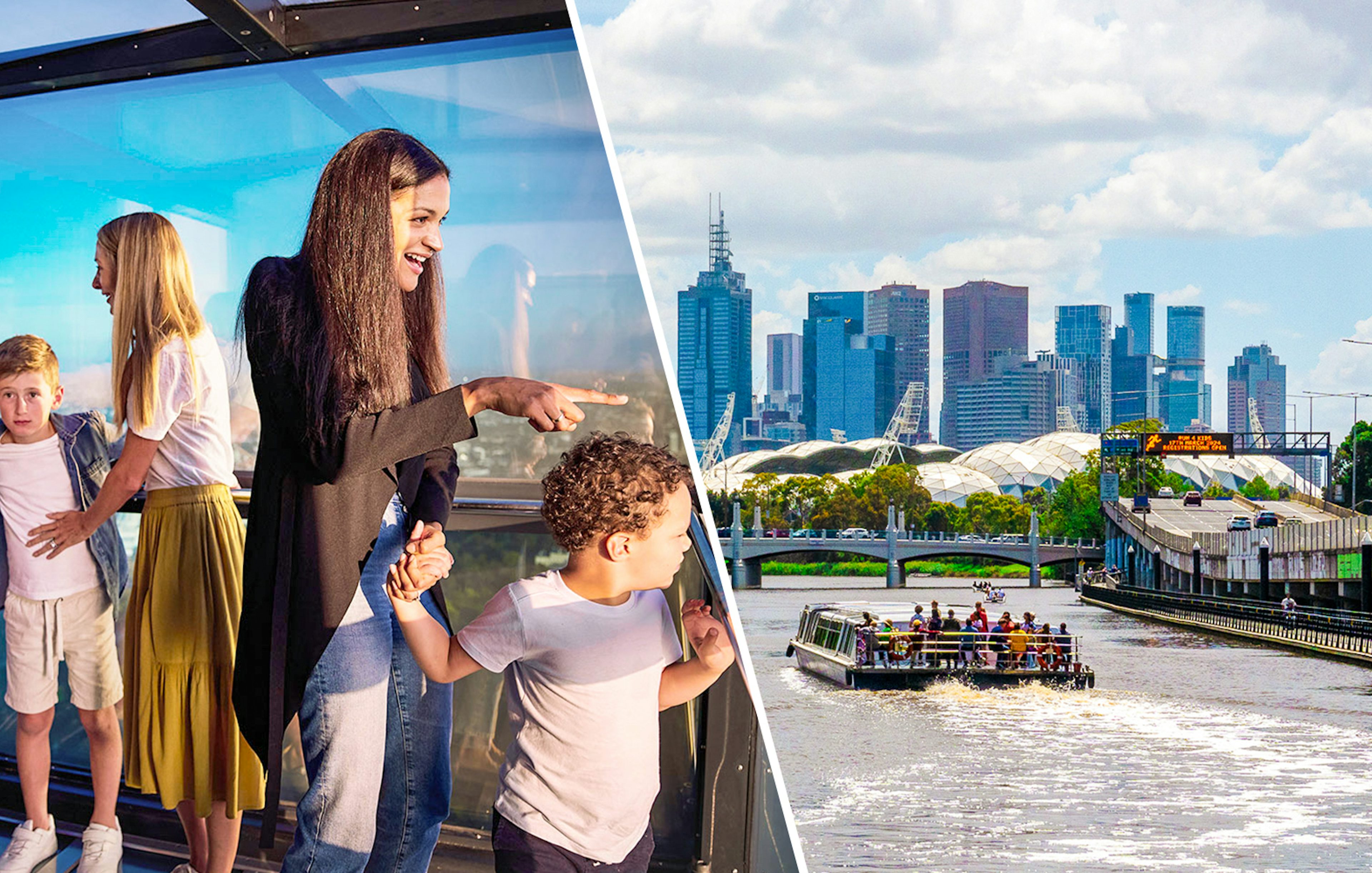 Melbourne skyline view from Yarra River cruise with people enjoying the cityscape.