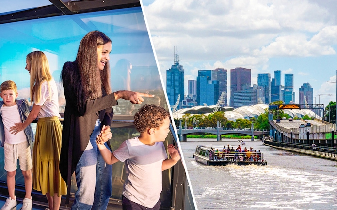 Melbourne skyline view from Yarra River cruise with people enjoying the cityscape.