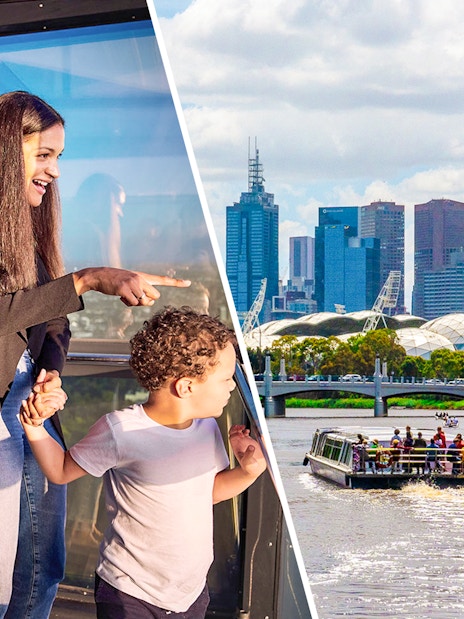Melbourne skyline view from Yarra River cruise with people enjoying the cityscape.