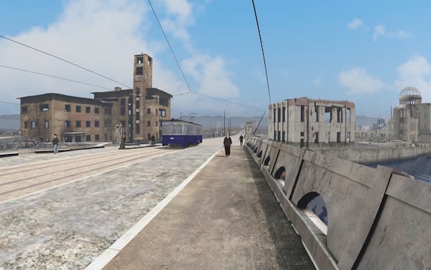 Hiroshima Peace Park with tram and A-Bomb Dome ruins in the background.