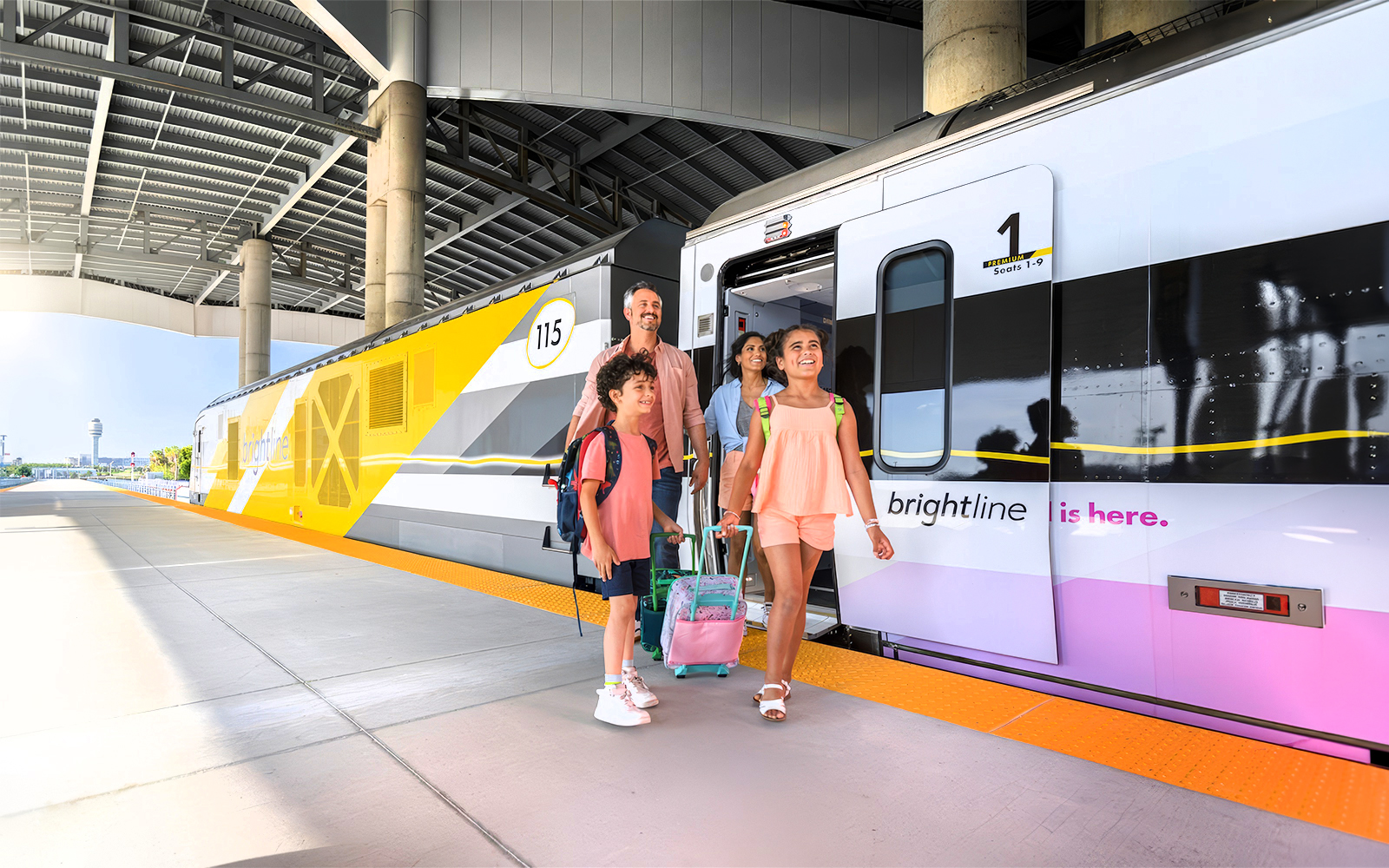 Family boarding Brightline train for Miami trip with open top bus and islands boat cruise.