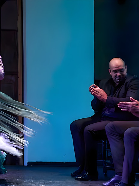 Flamenco dancer performing at Tablao El Arenal with musicians clapping.