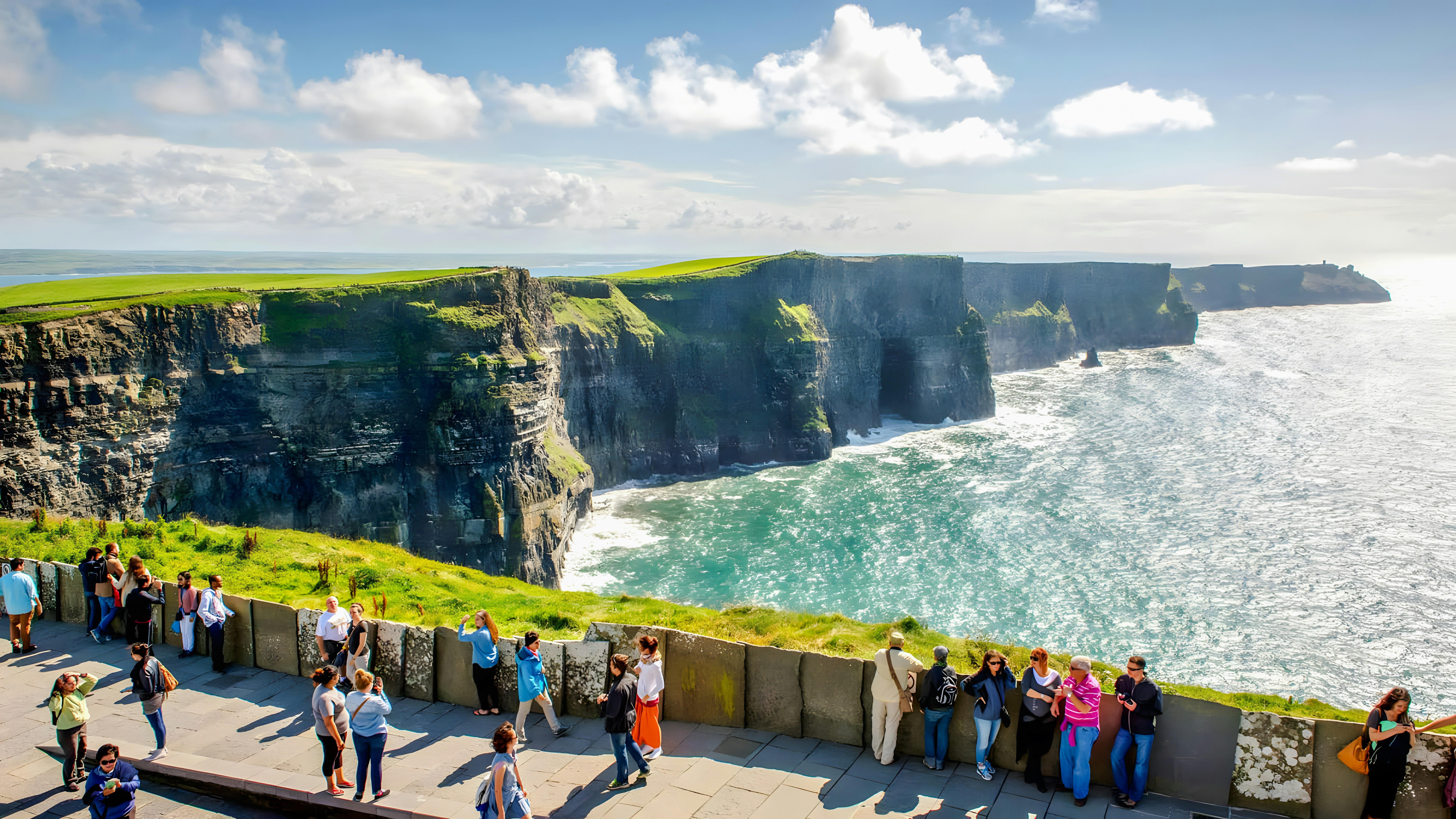 Tourists viewing the Cliffs of Moher in County Clare, Ireland.