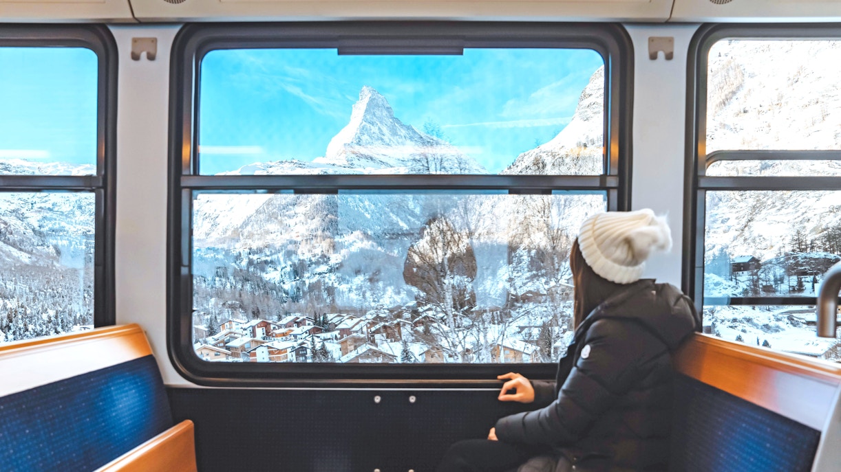 Train ride view of the Matterhorn from Gornergrat, Switzerland.