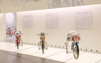 Vintage Ducati motorcycles on display at the Ducati Museum in Bologna.