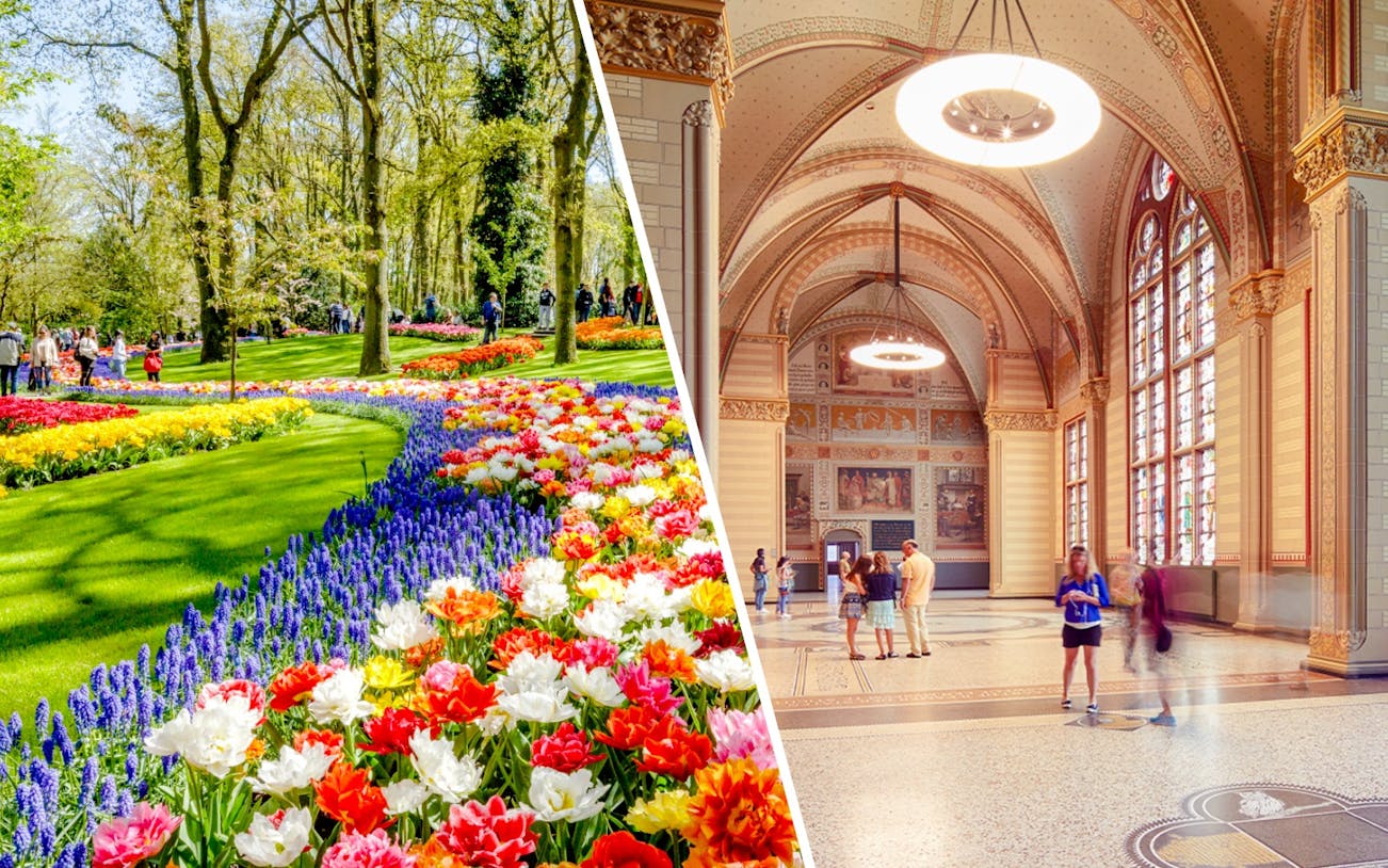 Keukenhof gardens tulips and Rijksmuseum interior in Amsterdam tour.