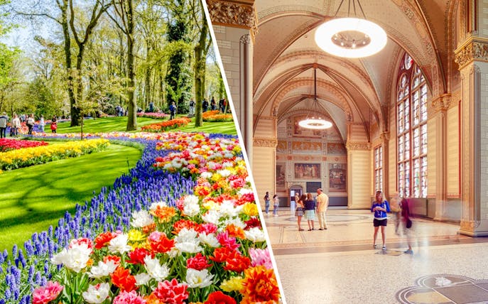 Keukenhof gardens tulips and Rijksmuseum interior in Amsterdam tour.