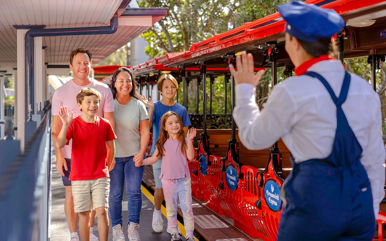 Dreamworld Express train ride through scenic landscapes at Dreamworld, Gold Coast.
