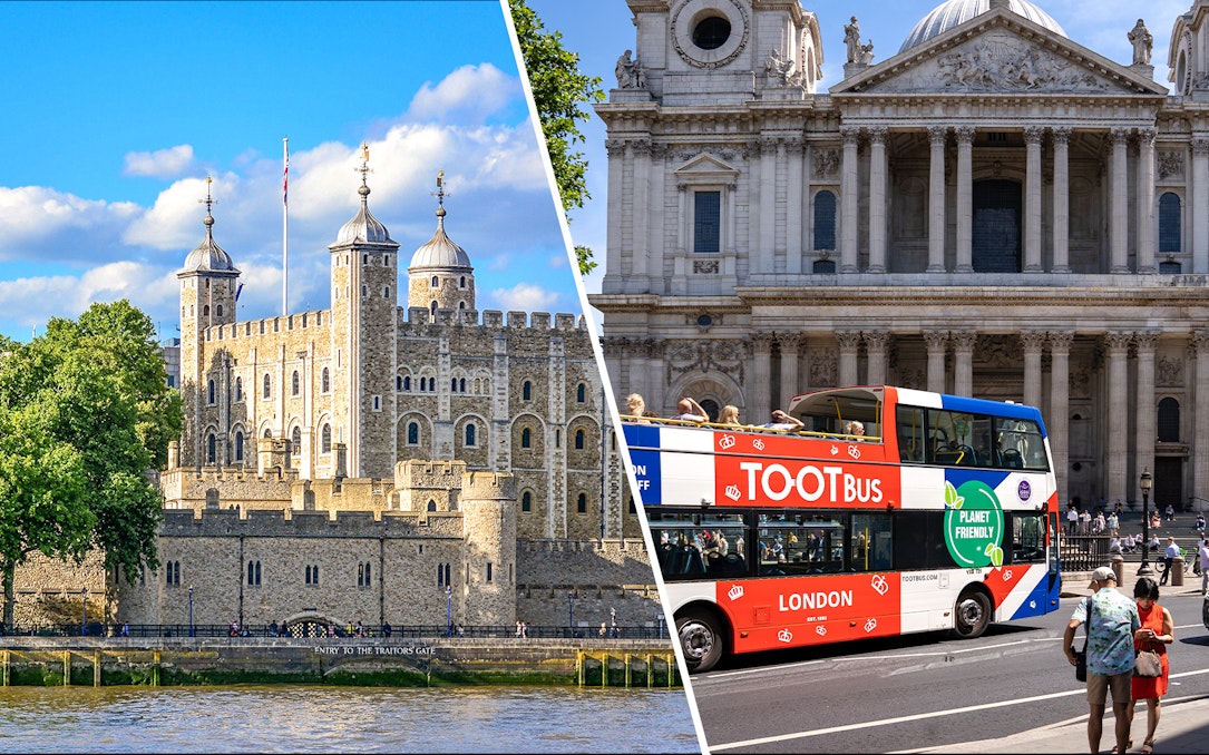 Tower of London and open-top bus tour in London.