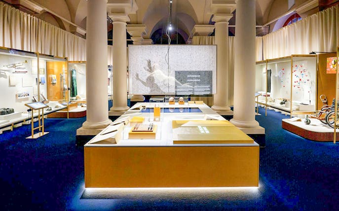 Exhibit hall at the Nobel Prize Museum showcasing historical artifacts and displays.