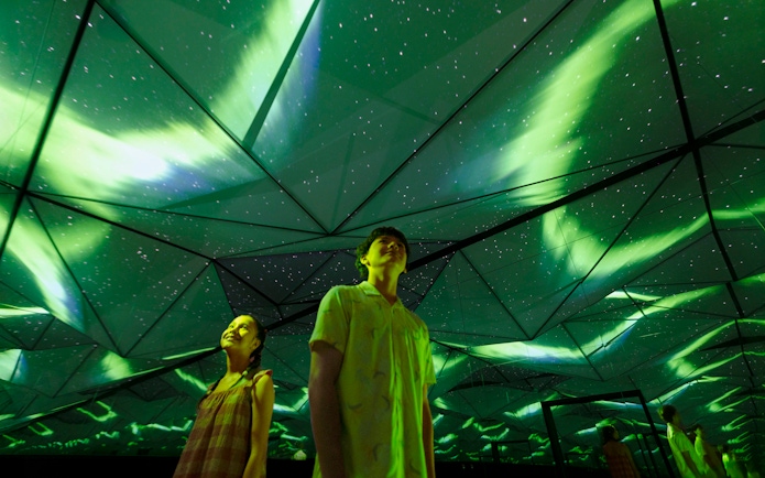 Visitors under simulated Northern Lights at Exploria's Arctic zone, Mandai Wildlife.
