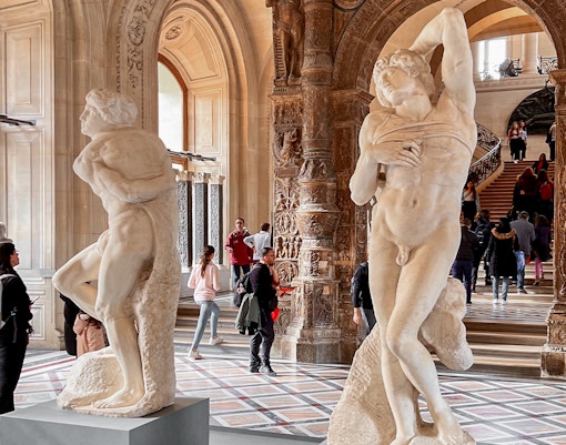 The Dying Slave and Rebellious Slave sculptures at Louvre Museum, Paris.