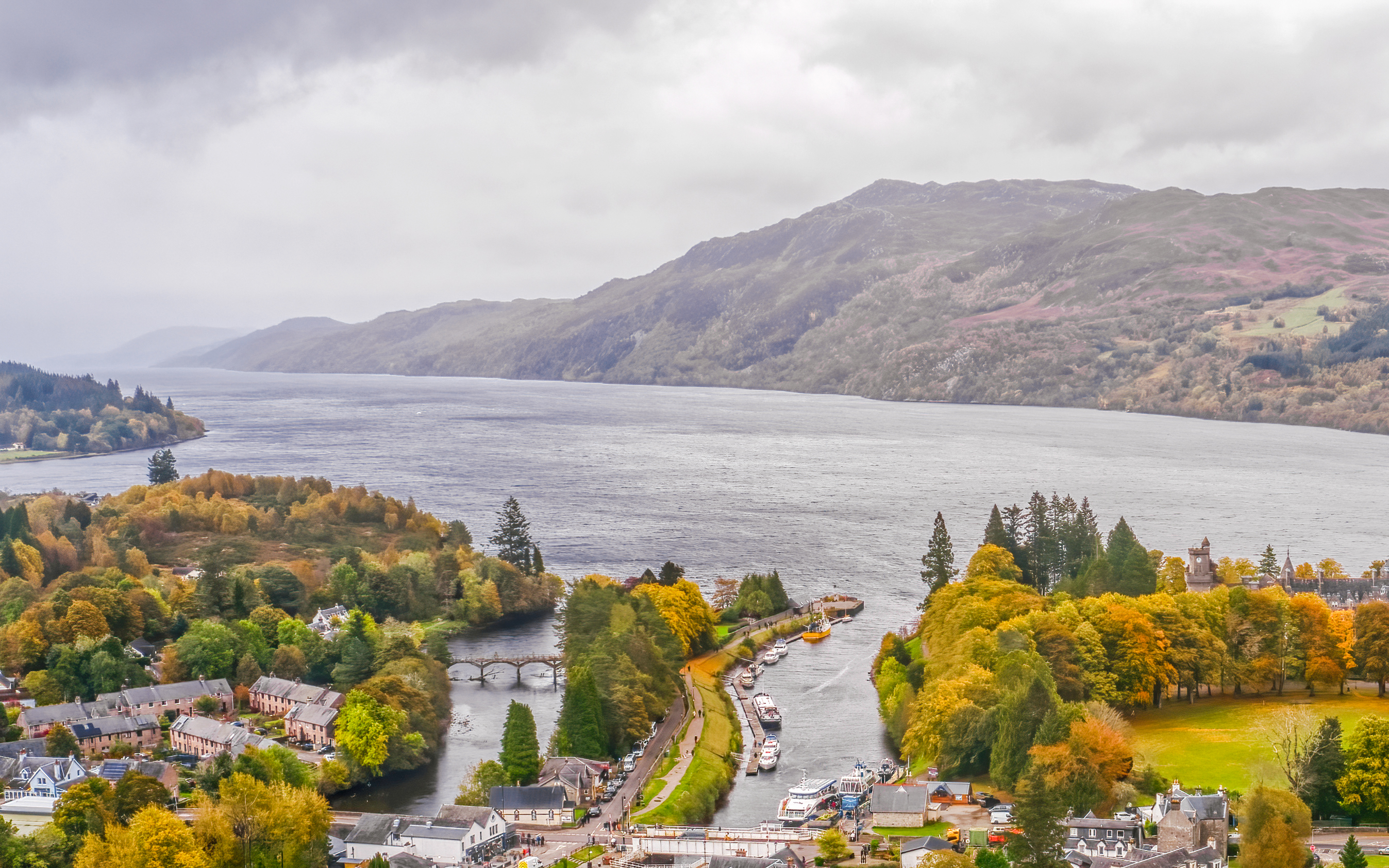 Aerial view of Fort Augustus with Caledonian Canal and Loch Ness in Scotland.