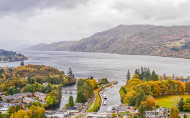 Aerial view of Fort Augustus with Caledonian Canal and Loch Ness in Scotland.