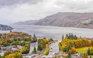 Aerial view of Fort Augustus with Caledonian Canal and Loch Ness in Scotland.