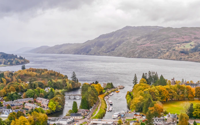Aerial view of Fort Augustus with Caledonian Canal and Loch Ness in Scotland.