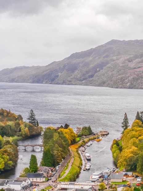 Aerial view of Fort Augustus with Caledonian Canal and Loch Ness in Scotland.