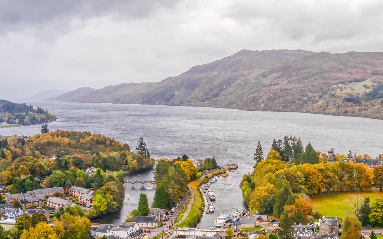 Aerial view of Fort Augustus with Caledonian Canal and Loch Ness in Scotland.