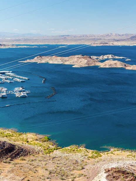 Lake Mead marina with boats and docks viewed from a high vantage point.