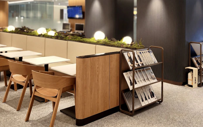 Skyhub Lounge seating area with magazines, Terminal 1, Incheon International Airport.