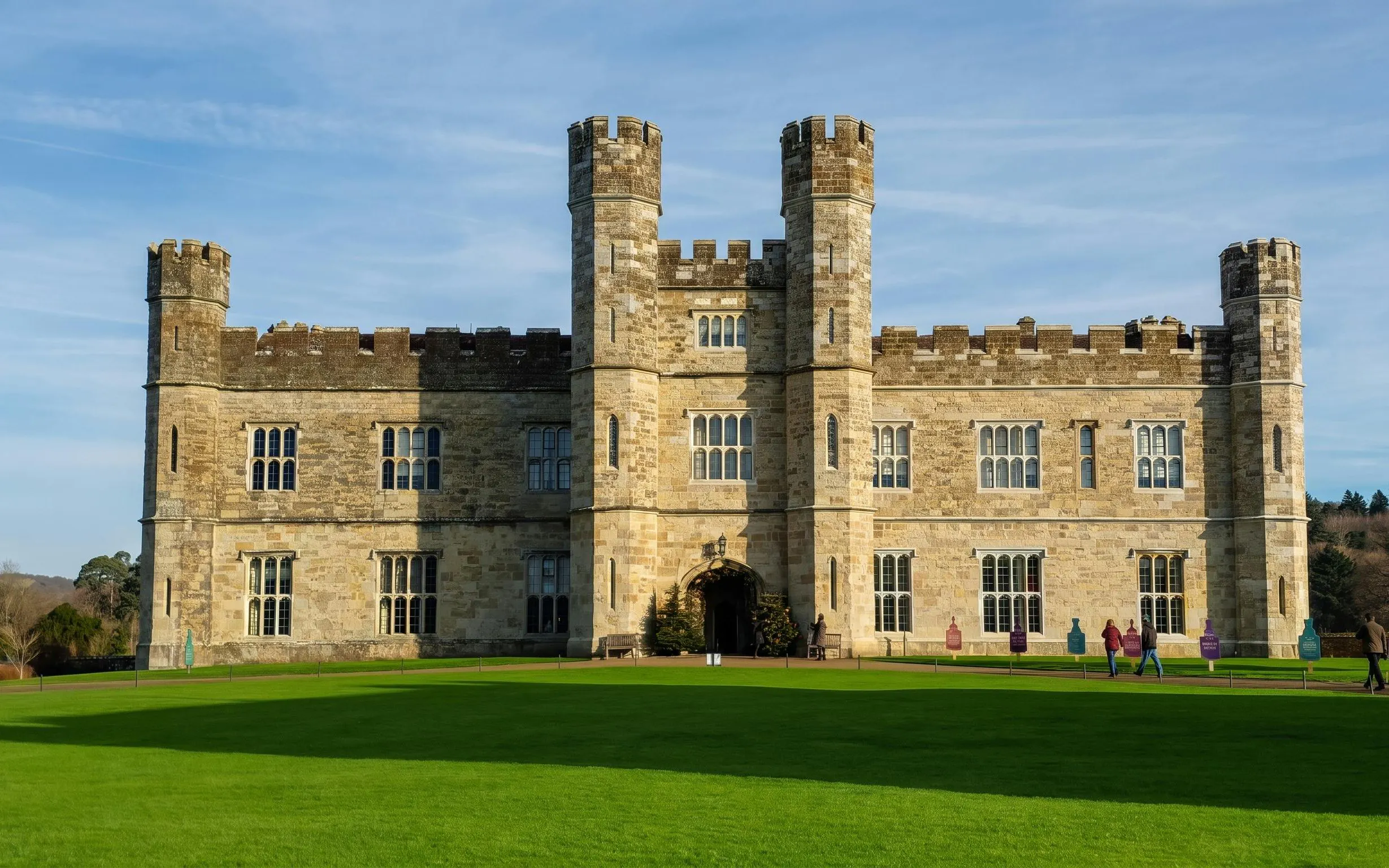 Leeds Castle with stone towers and green lawn under a clear sky.