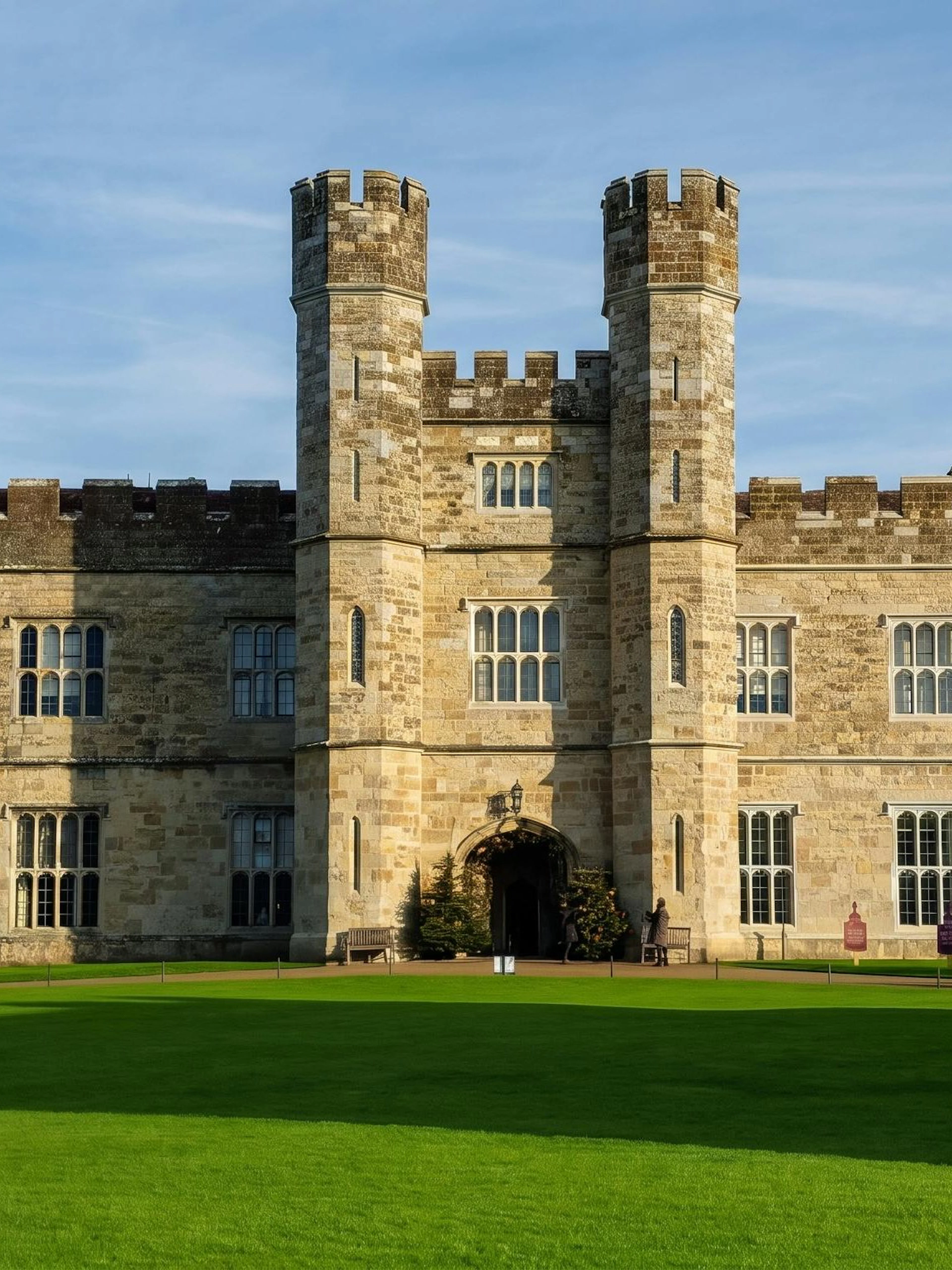 Leeds Castle with stone towers and green lawn under a clear sky.